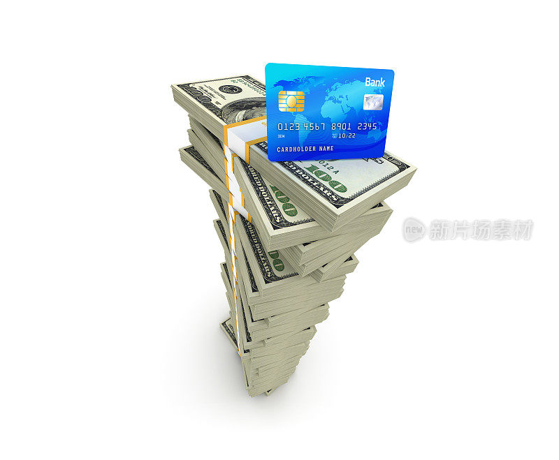 堆叠的100美元纸币与信用卡- 3D渲染